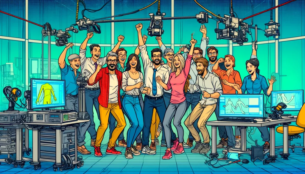 A comic-style illustration of a research group celebrating the start of their study in a motion analysis lab. The group consists of diverse members.