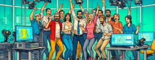 A comic-style illustration of a research group celebrating the start of their study in a motion analysis lab. The group consists of diverse members.